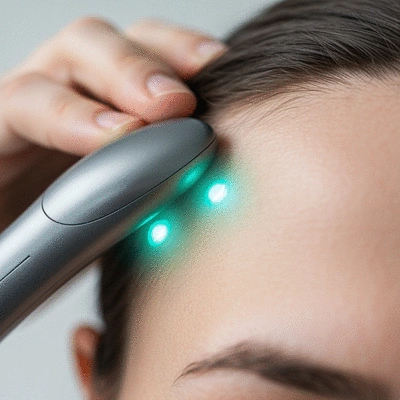 Close-up of a neuromodulation device gently placed on a person's temple, with a subtle glow indicating electrical impulses, against a soft, clinical background, no text, no words, no typography, 8K, natural lighting