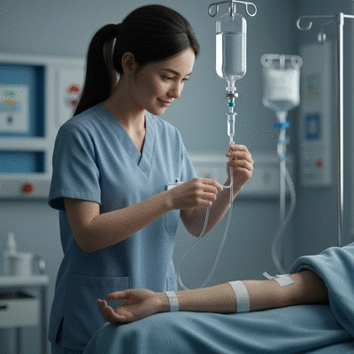 Medical professional administering IV fluids to a patient in an emergency room setting