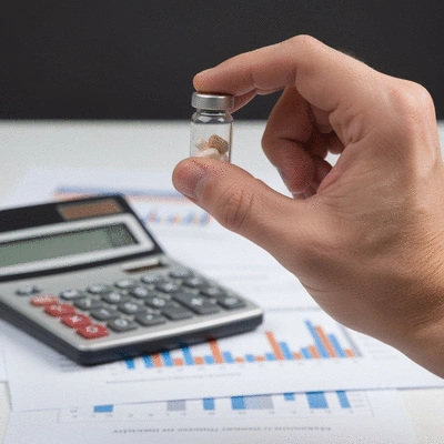 Close-up of a hand holding medical pills with a blurred background of a calculator and financial documents, representing medication costs and financial planning for healthcare