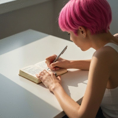 A person writing in a journal or diary, emphasizing headache tracking and medication usage, clean image, no text, no words, no typography