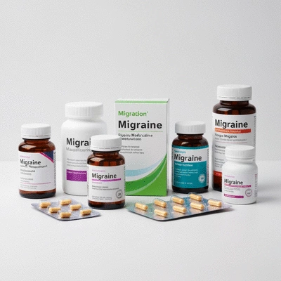 Assorted migraine medication bottles and blister packs on a clean white surface