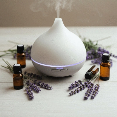 Aromatherapy diffuser with essential oils and lavender sprigs, symbolizing natural relief