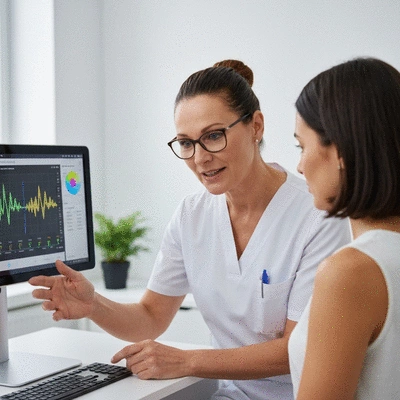 Healthcare professional explaining biofeedback results to a patient, showing data on a screen