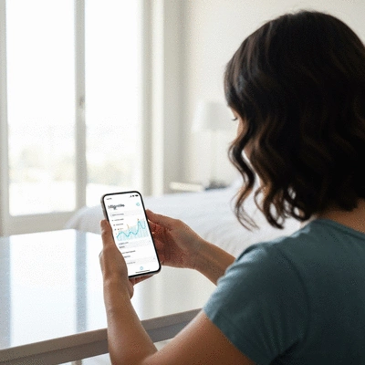 Woman tracking migraine symptoms in a digital diary on a tablet