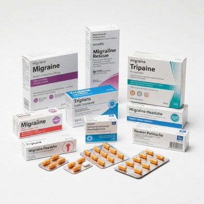 Assortment of migraine rescue medications, including NSAIDs, triptans, and newer CGRP antagonists on a clean white background, no text, no words, no typography, 8K
