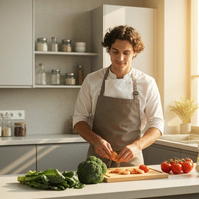 Person making healthy dietary choices in a kitchen, focusing on fresh ingredients to manage migraines