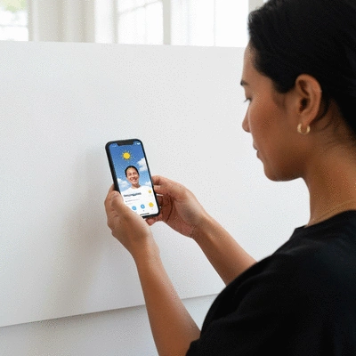 Person using a smartphone to check a weather forecast app, showing sunny skies, with a calm expression