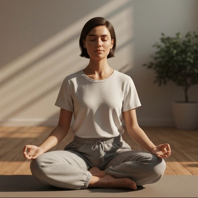 Person meditating to relieve migraine symptoms, serene and calm atmosphere