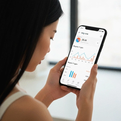 Person using a health tracking app on a smartphone, displaying charts and data related to migraine management, clean image, no text, no words, no typography