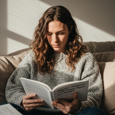 Person thoughtfully reading information about migraine management and weather triggers