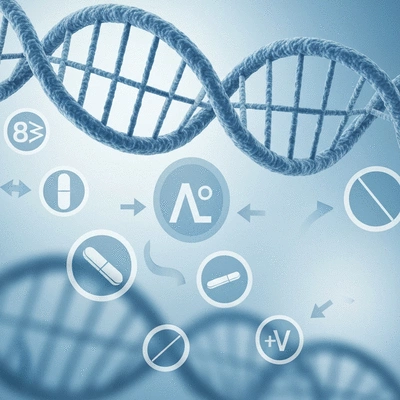 Scientific image showing DNA strands and medication symbols, representing pharmacogenomics and personalized migraine treatment. no text, no words, no typography, no labels, clean image