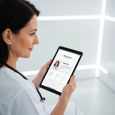 Person holding a tablet displaying medical information about migraine treatment options, clean design, bright clinic background