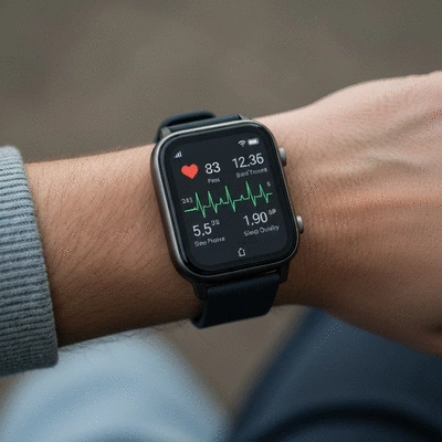 Close-up of a smartwatch displaying health metrics, with a person's wrist in the foreground, representing wearable technology for migraine monitoring. no text, no words, no typography, no labels, clean image