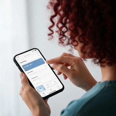 Person using a headache diary app on a smartphone, clean, modern interface, soft lighting, no text, no words, no typography, 8K