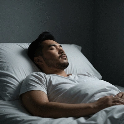 Person sleeping peacefully in a dark, quiet room