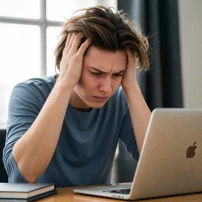 Person holding their head in discomfort from a migraine while trying to work on a laptop, illustrating reduced productivity and emotional distress, no text, no words, no typography, 8K, natural lighting