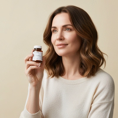 Person holding a pill bottle with a calm expression, representing migraine prevention medication.
