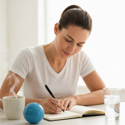 Person writing in a migraine diary with a pen, surrounded by objects representing common triggers like a coffee cup, a stress ball, and a glass of water. Bright, clean background, no text, no words, no typography, no labels, clean image.