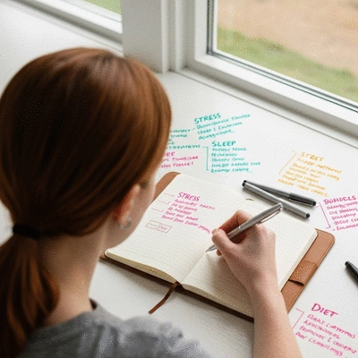 Person writing in a journal with a pen, surrounded by notes on migraine triggers like stress, sleep, and diet, clean image, no text, no words, no typography