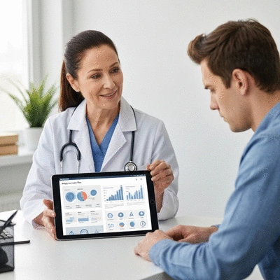 Healthcare provider and patient discussing a migraine action plan, looking at a tablet with data. Professional, empathetic setting, no text, no words, no typography, no labels, clean image.