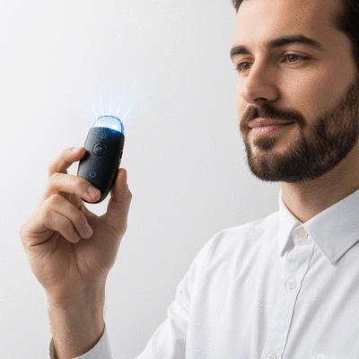 A person holding a small, sleek neuromodulation device, with a subtle glow emanating from it, representing innovation and relief, clean, no text, no words, no typography, 8K