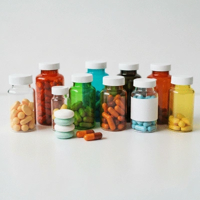 Assortment of medication bottles and headache pills on a clean white surface, symbolizing frequent medication use, no text, no words, no typography, 8K