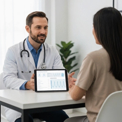 Doctor discussing personalized migraine treatment plan with a patient on a tablet