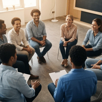 Diverse group of people in a support group meeting, discussing their experiences