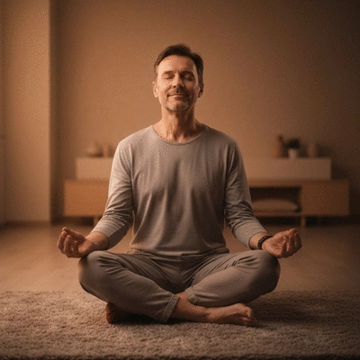 Person practicing relaxation techniques, possibly meditation or deep breathing, in a calm setting
