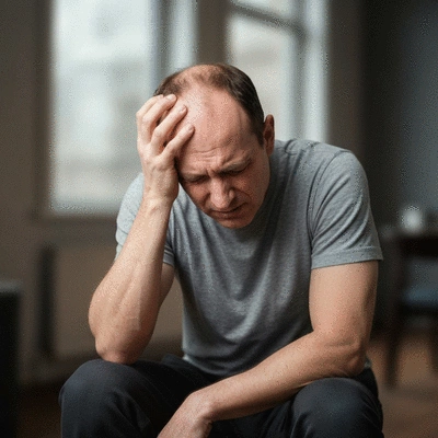 Person experiencing a severe migraine, holding their head in discomfort