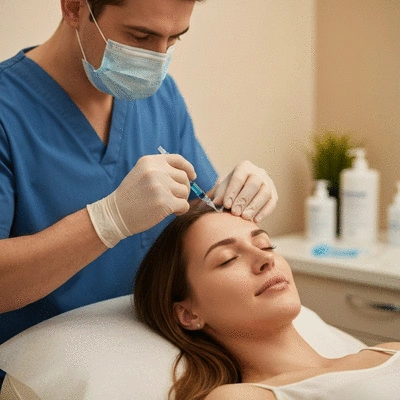 Person receiving Botox injections for migraine treatment, focus on medical professional and patient's forehead