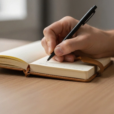 Person writing in a diary, symbolizing migraine tracking, with a pen and notebook, clean image, no text, no words, no typography