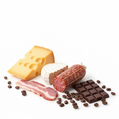 Variety of common migraine trigger foods like aged cheese, processed meats, coffee, and chocolate arranged on a clean white background, studio shot