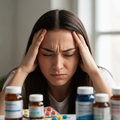 Person holding their head in discomfort with various headache medications blurred in the background, clean image, no text, no words, no typography