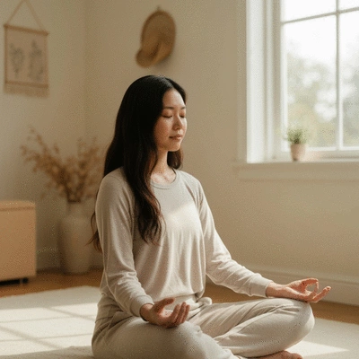 Person meditating or practicing mindfulness in a serene setting