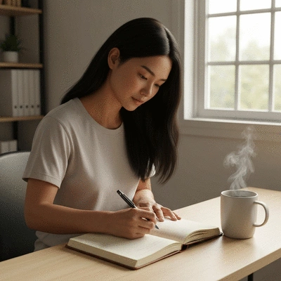 Person writing in a journal, tracking caffeine intake and migraine patterns