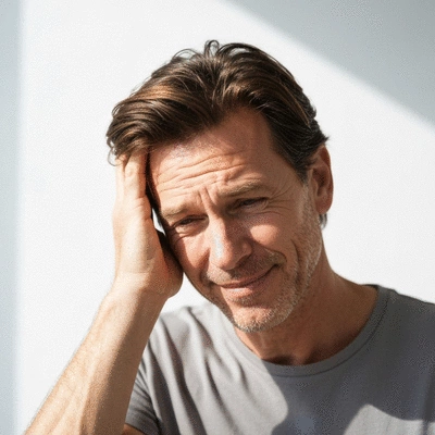 Person looking hopeful while holding their head, implying relief from migraine, no text, no words, no typography, clean image