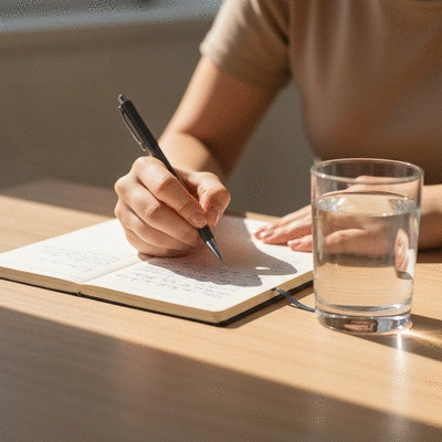 Person's hand writing in a migraine diary or journal, with a pen and a glass of water nearby, clean image, no text, no words, no typography, 8K