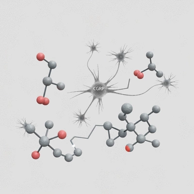 Scientific illustration of CGRP neuropeptide interaction in migraine pathways