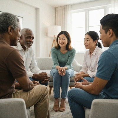 Diverse group of people in a support group meeting