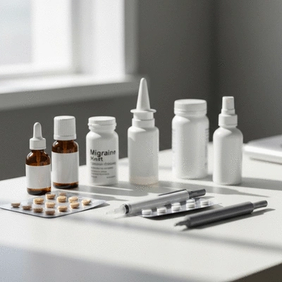 Various migraine treatment options displayed on a clean medical desk