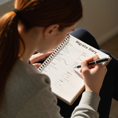Person writing in a migraine diary with a pen, showing various tracked elements like date, time, severity, and triggers in a clean, organized layout