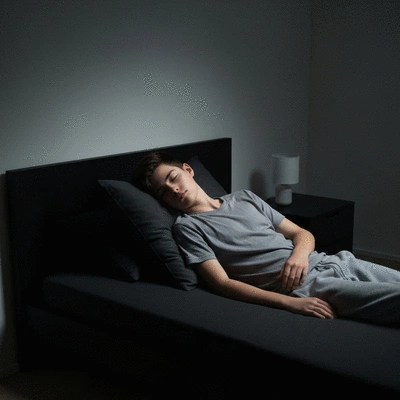 Teenager sleeping peacefully in a calm, dark room